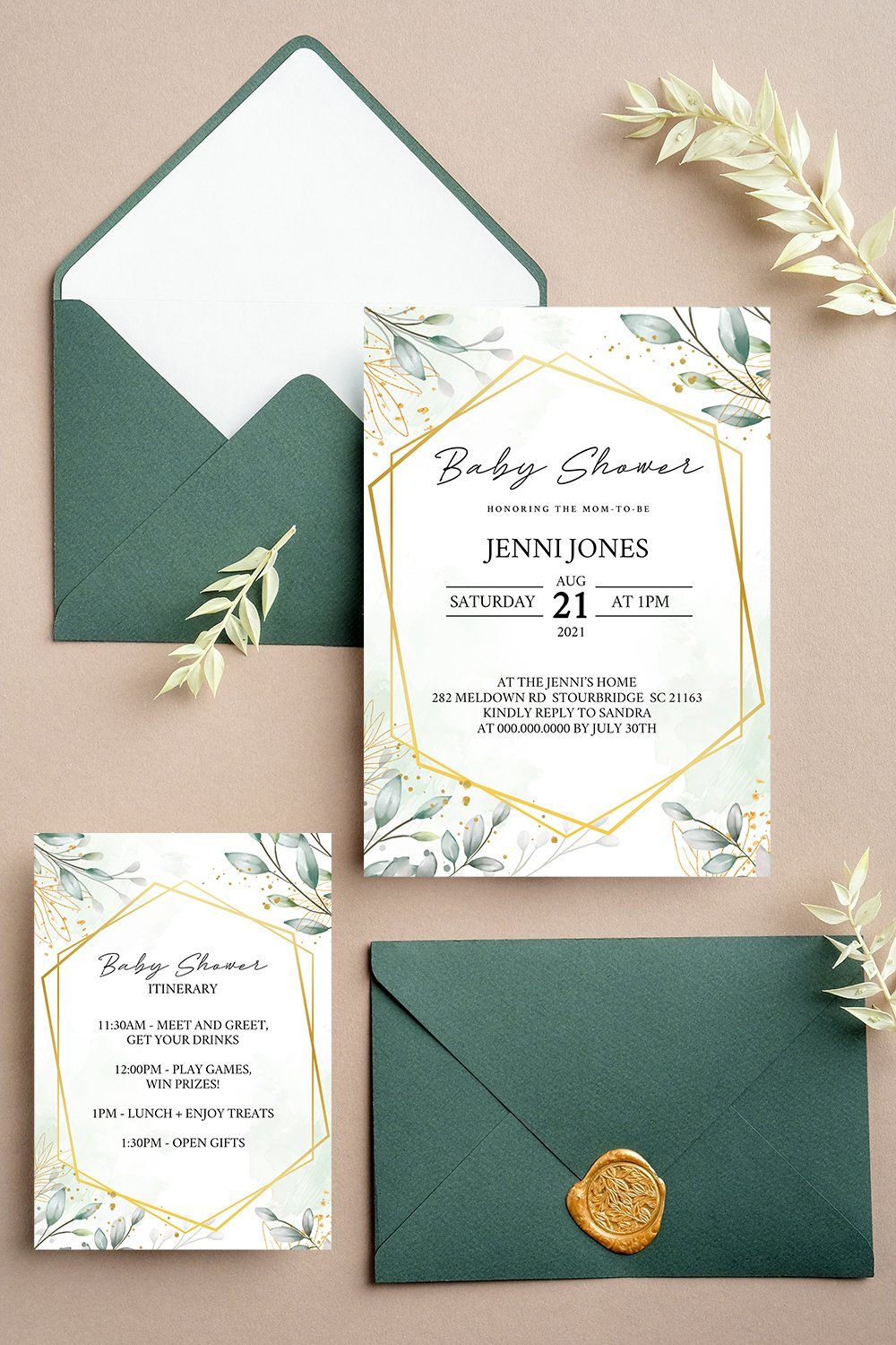 Editable Baby Shower Invite & Itinerary - Gold Green Watercolour