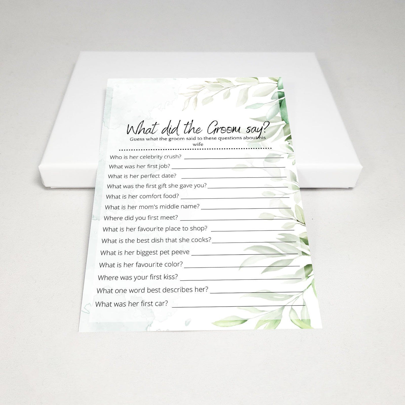 Green Watercolor - What Did The Groom Say? | Bridal Shower Game Party Games Your Party Games 