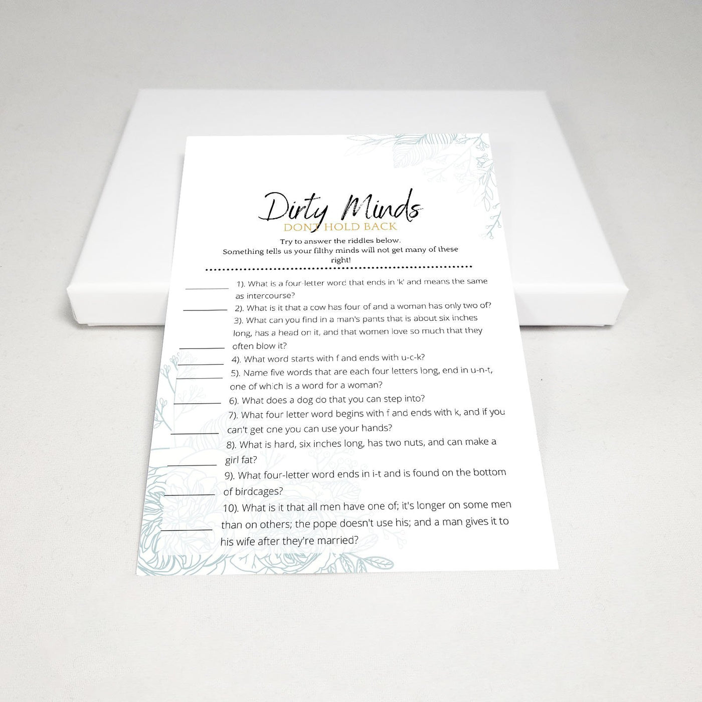 Minimal Flowers - Dirty Minds | Bridal Shower Game Party Games Your Party Games 