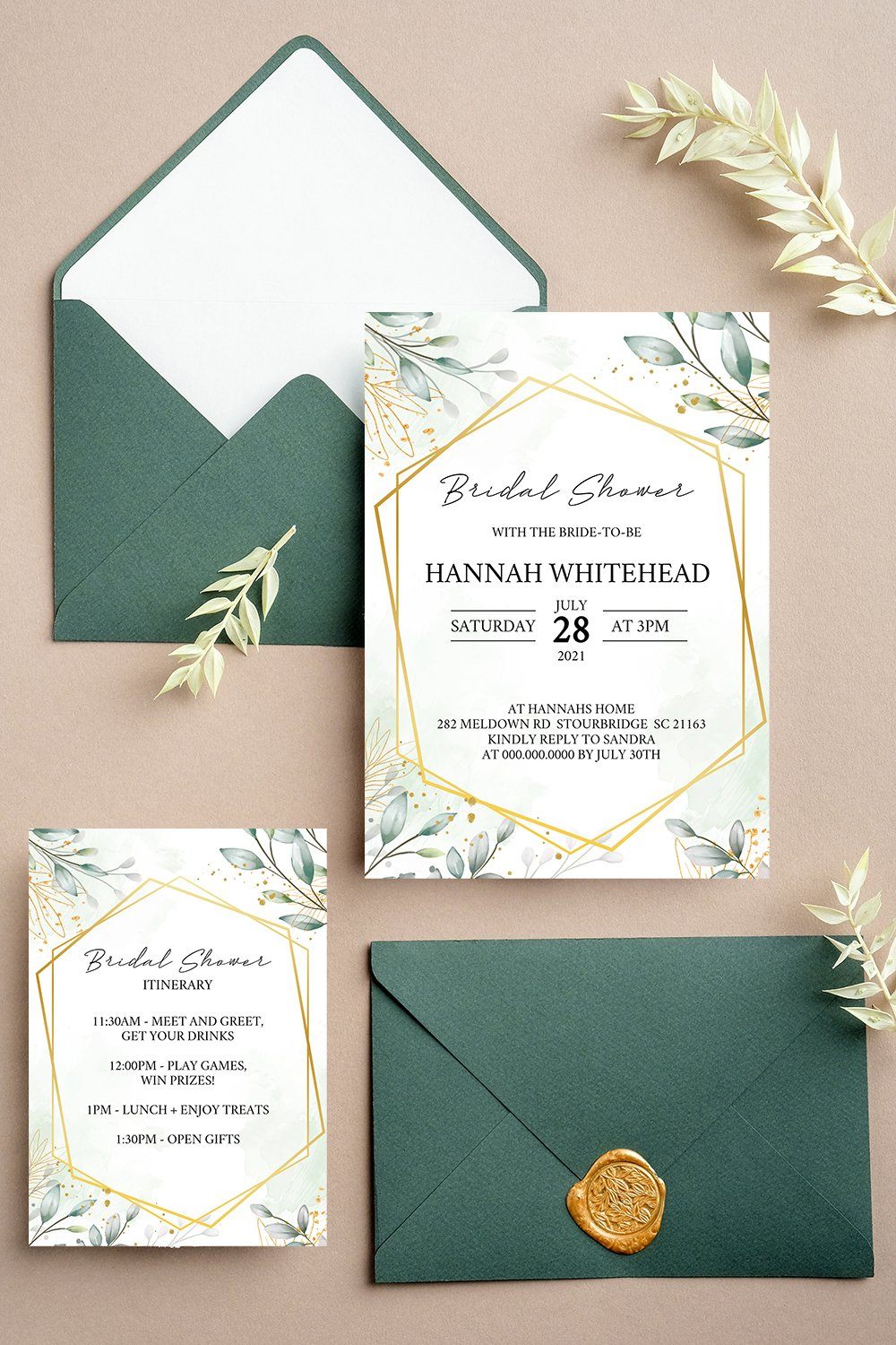 Editable Bridal Shower Invite + Itinerary - Gold Green Watercolour
