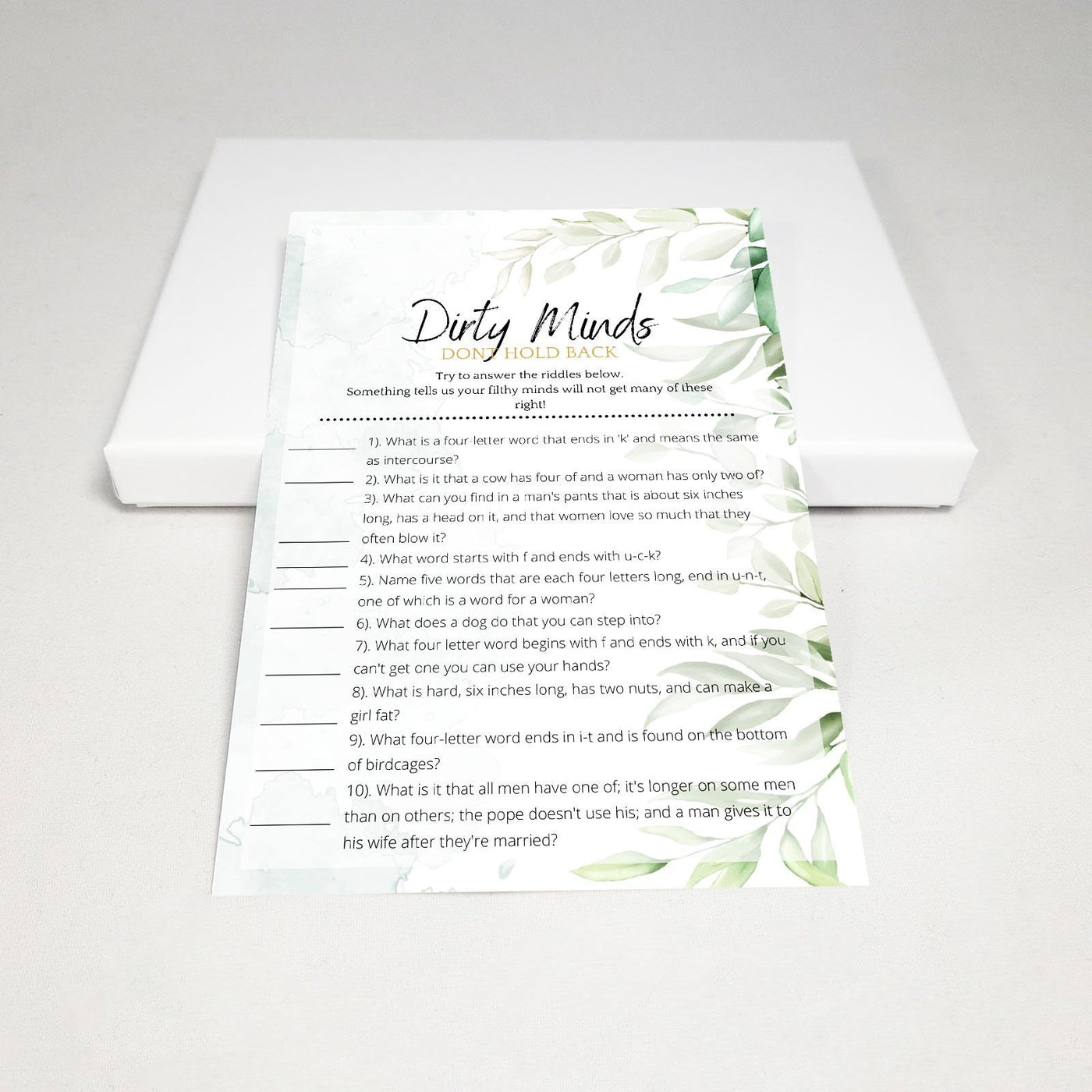 Green Watercolor - Dirty Minds | Bridal Shower Game Party Games Your Party Games 