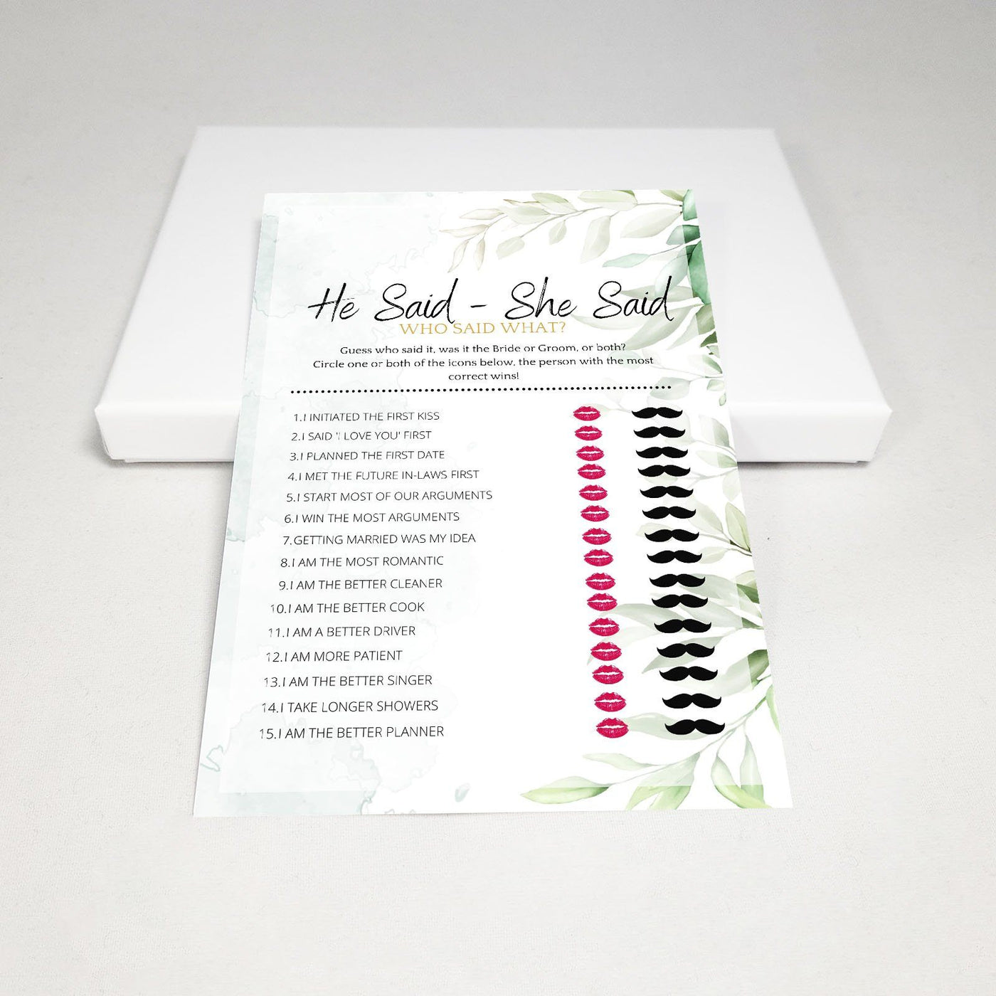 Green Watercolor - He Said She Said | Bridal Shower Game Party Games Your Party Games 