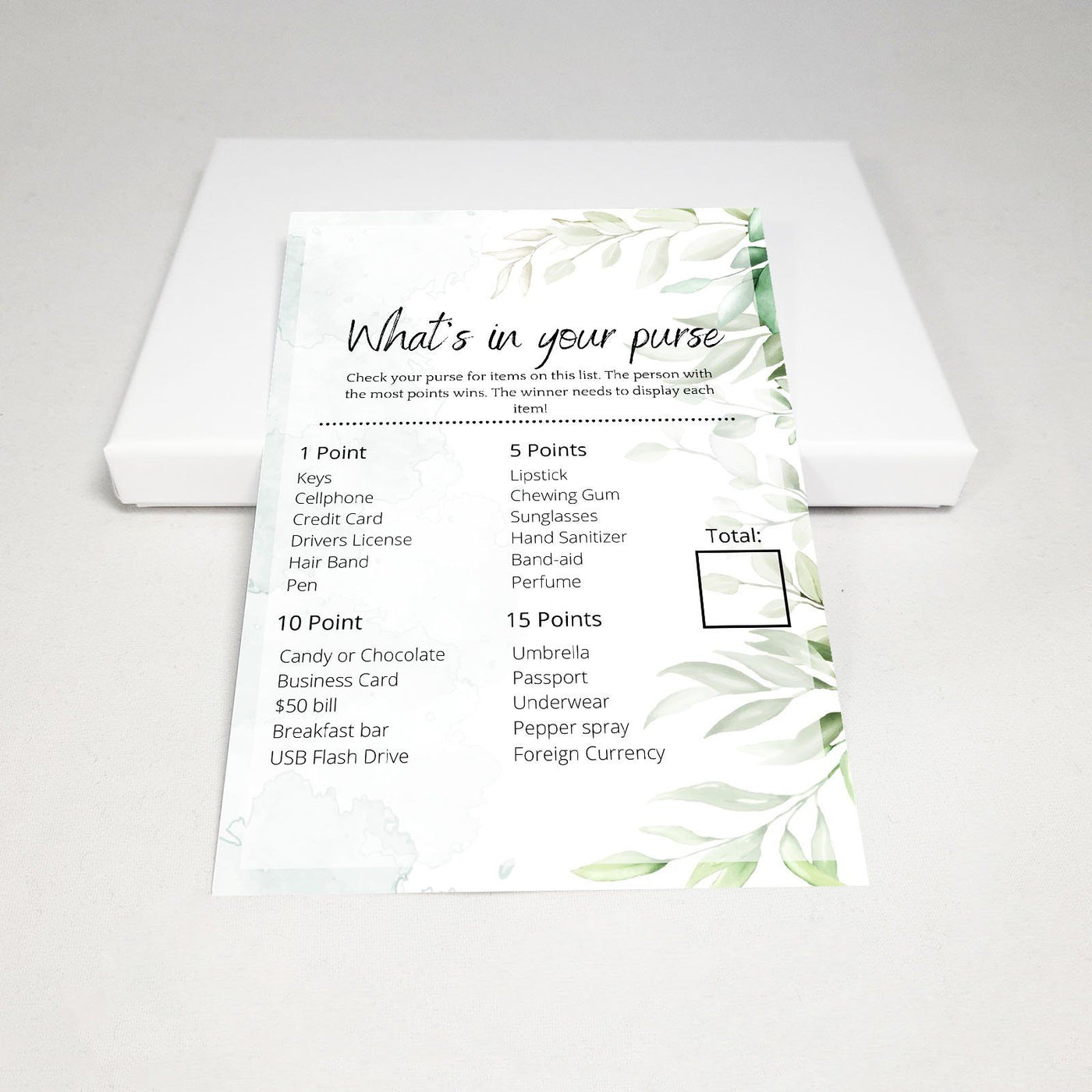Green Watercolor - Whats In Your Purse? | Bridal Shower Game Party Games Your Party Games 