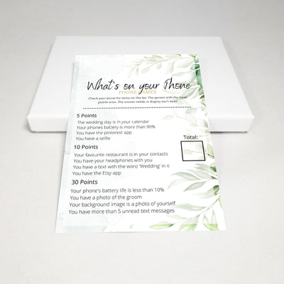 Green Watercolor - Whats On Your Phone? | Bridal Shower Game Party Games Your Party Games 