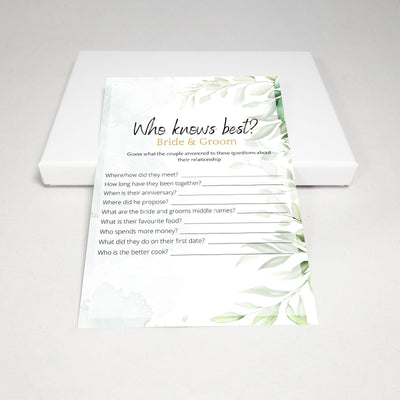 Green Watercolor - Who Knows The Bride Best? | Bridal Shower Game Party Games Your Party Games 
