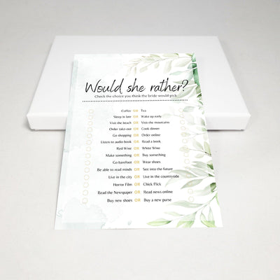 Green Watercolor - Would She Rather? | Bridal Shower Game Party Games Your Party Games 