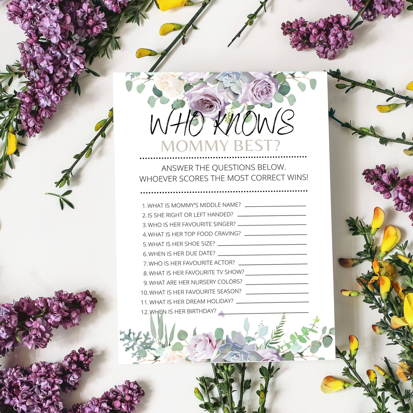 Lilac Violet Flowers - Who Knows Mommy | Baby Shower Game