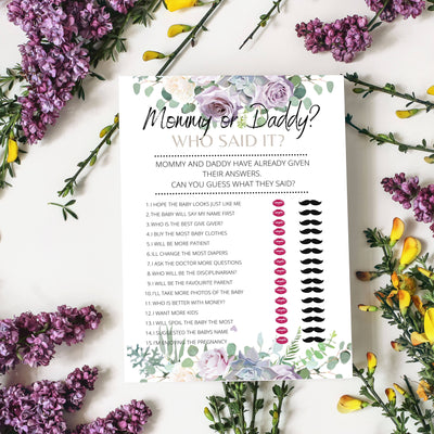 Lilac Violet Flowers - Who Said It Mommy or Daddy | Baby Shower Game